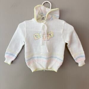 Vintage Quiltex Baby Block Embroidered Sweatshirt White Hooded Zip Back Newborn